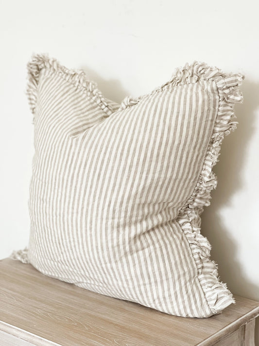 Natural Beige Striped Linen Cushion Cover with Ruffled Edge 45x45cm | Mellowdays Furniture
