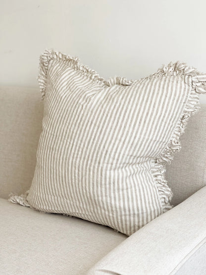 Natural Beige Striped Linen Cushion Cover with Ruffled Edge 45x45cm | Mellowdays Furniture