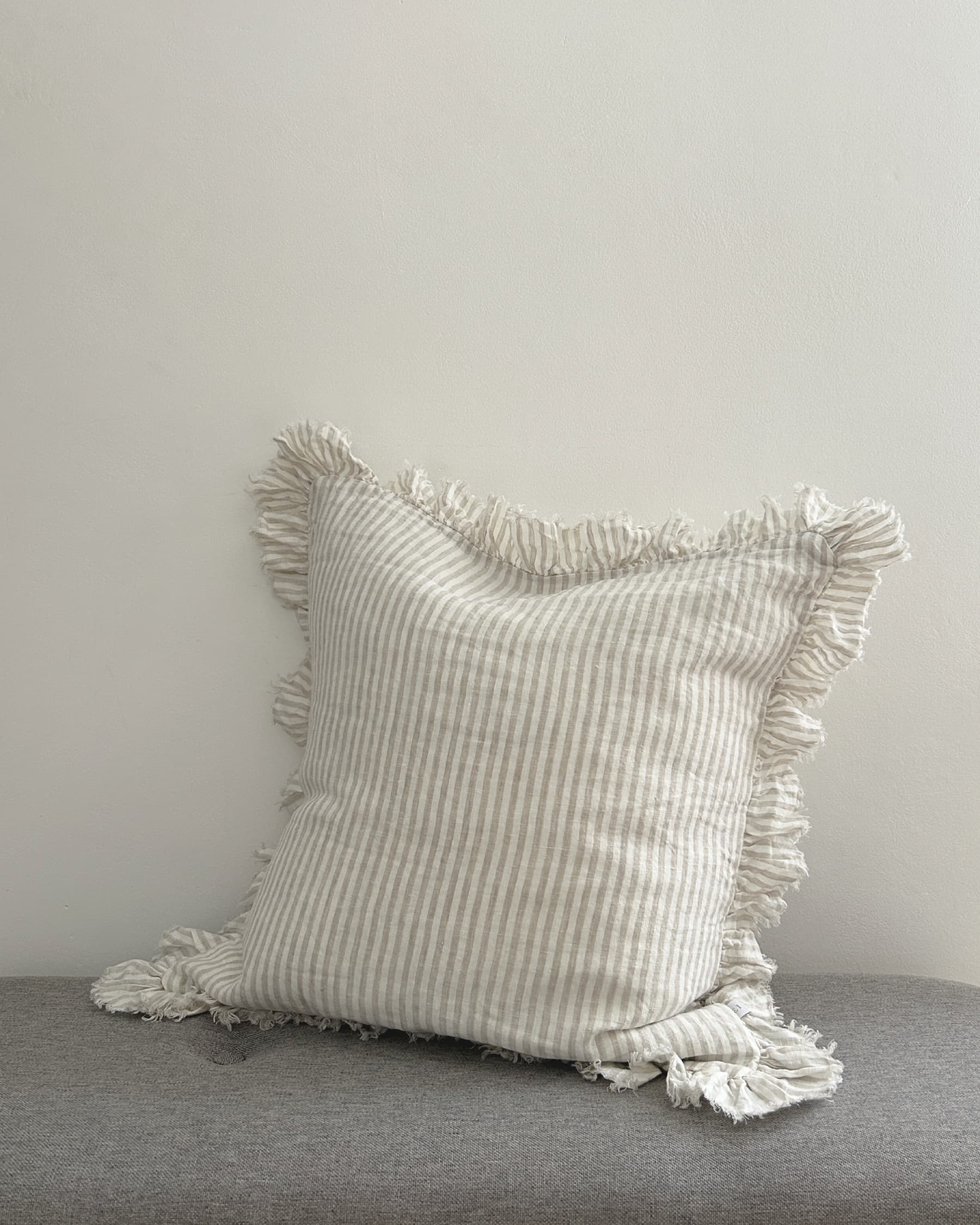 Natural Beige Striped Linen Cushion Cover with Ruffled Edge 45x45cm side view | Mellowdays Furniture
