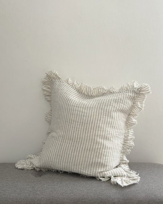 Natural Beige Striped Linen Cushion Cover with Ruffled Edge 45x45cm side view | Mellowdays Furniture