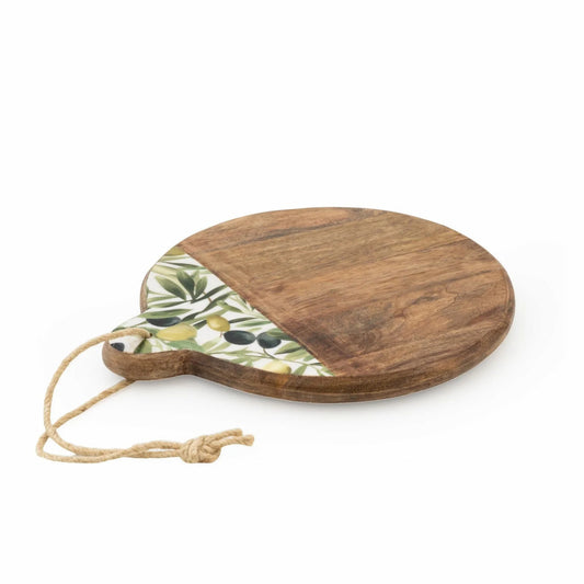 Olive Print Mango Wood & Enamel Round Chopping Board | Mellowdays Furniture
