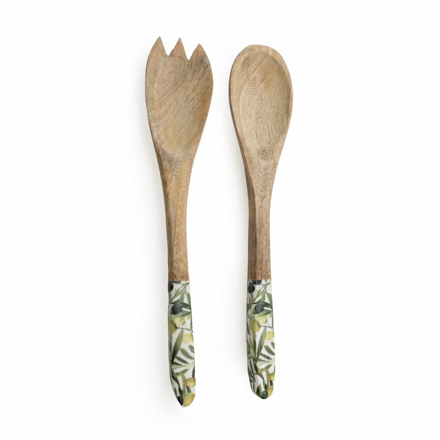 Olive Print Mango Wood & Enamel Serving Spoon & Fork Set | Mellowdays Furniture