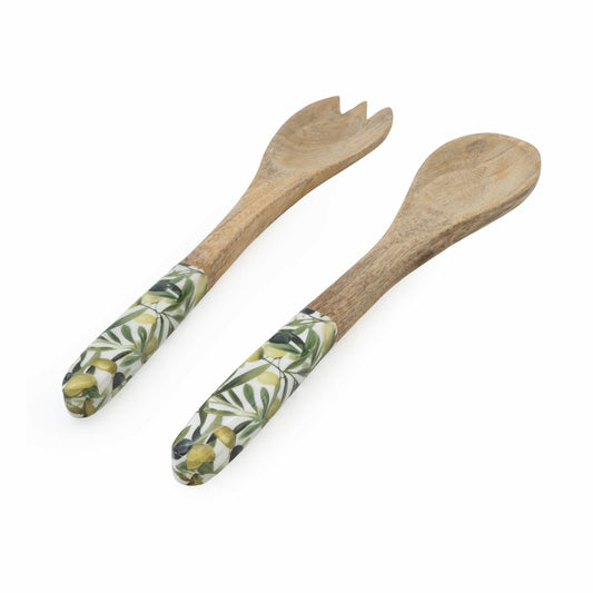 Olive Print Mango Wood & Enamel Serving Spoon & Fork Set | Mellowdays Furniture
