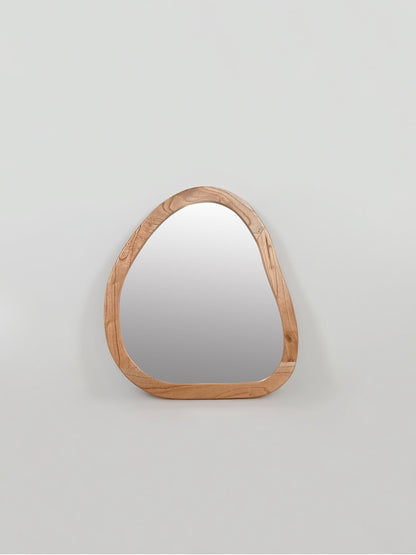 Organic shaped wooden wall mirror with pebble silhouette and natural wood frame in portrait orientation| Mellowdays Furniture