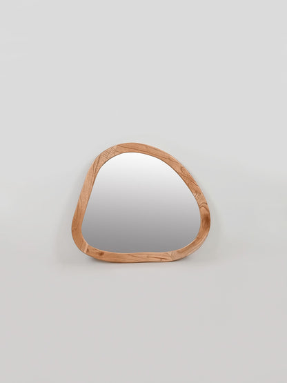 Organic shaped wooden wall mirror with pebble silhouette and natural wood frame in landscape orientation| Mellowdays Furniture