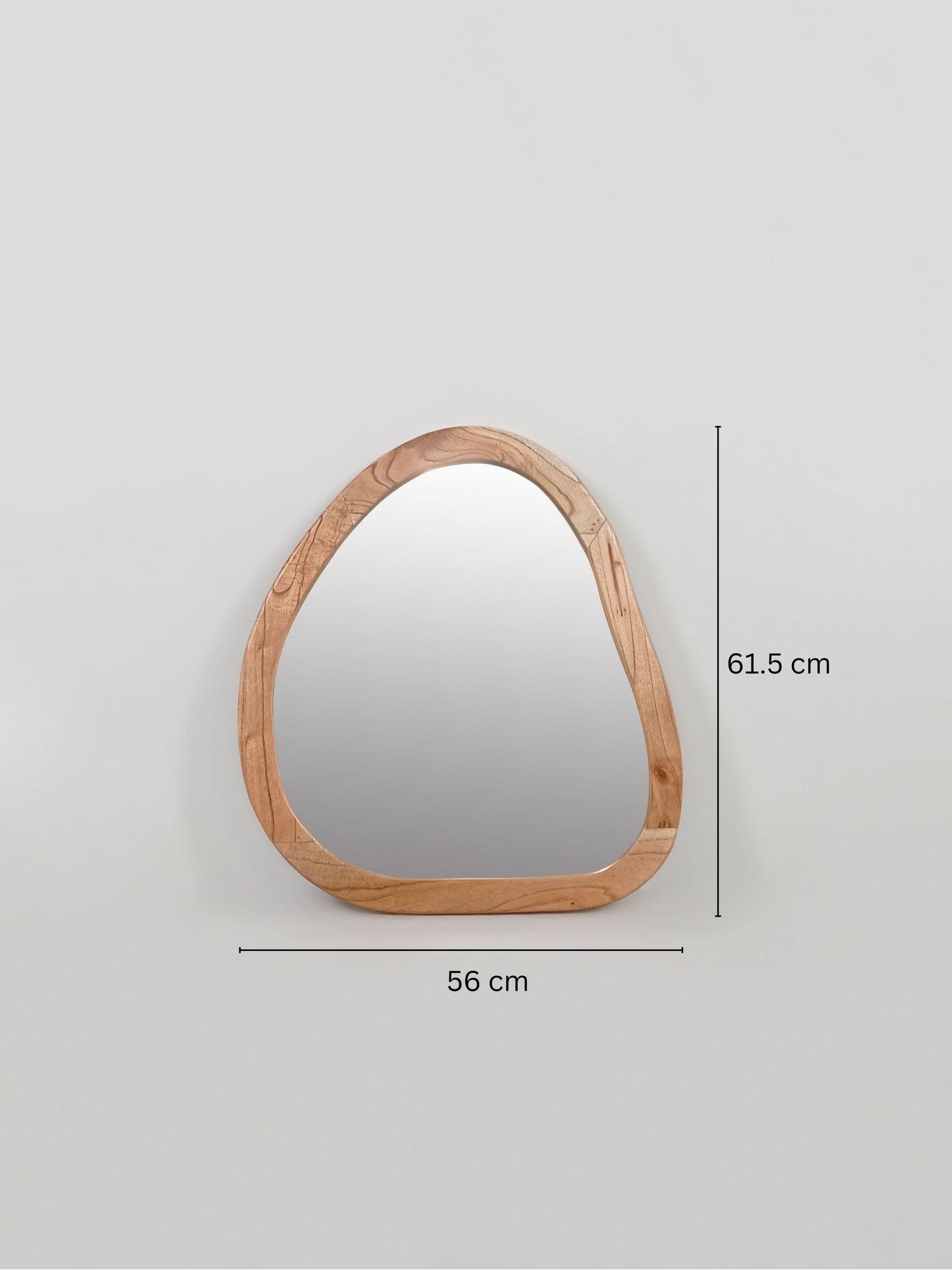 Organic shaped wooden wall mirror with pebble silhouette and natural wood frame in portrait orientation with measurement| Mellowdays Furniture
