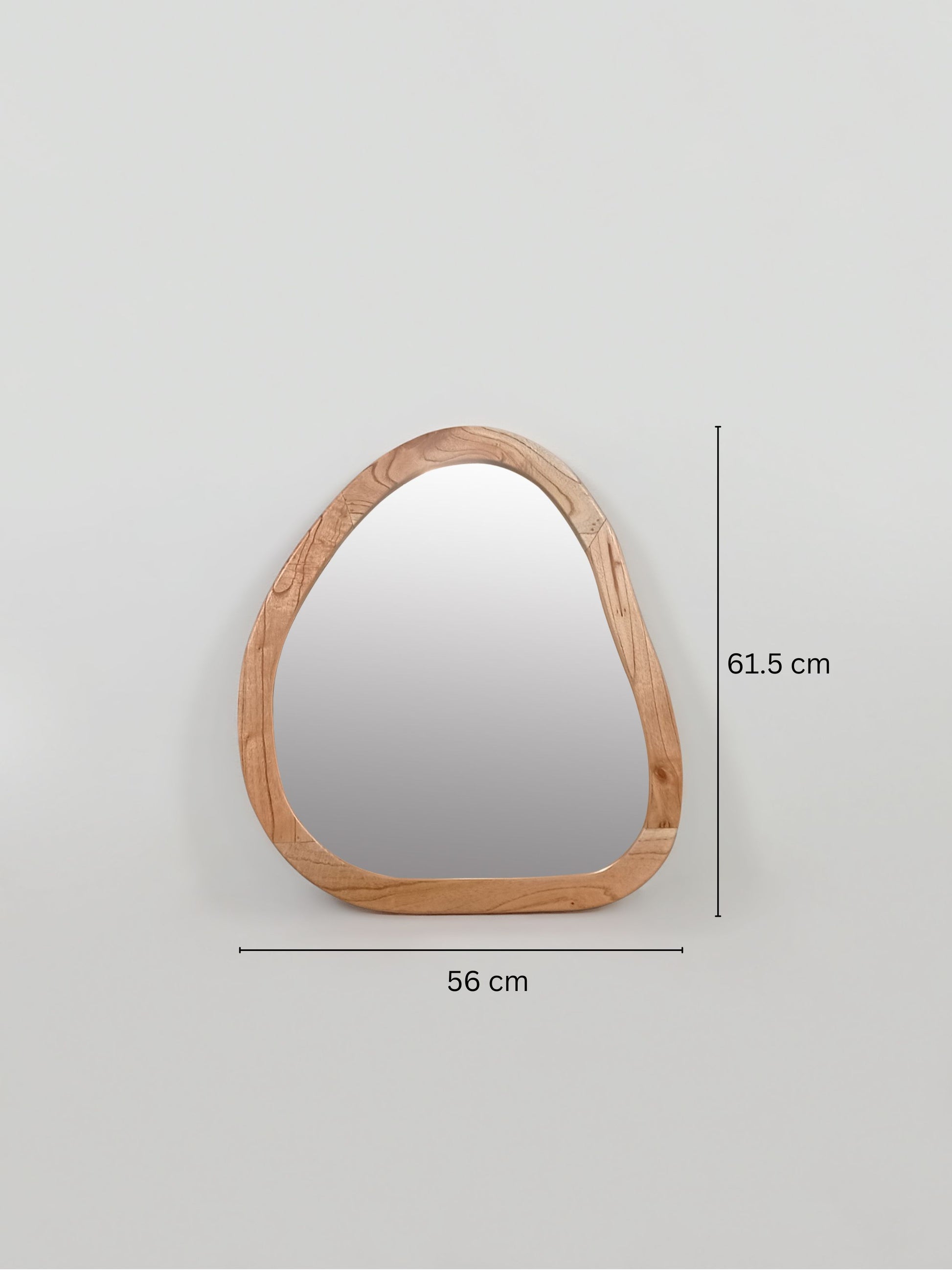 Organic shaped wooden wall mirror with pebble silhouette and natural wood frame in portrait orientation with measurement| Mellowdays Furniture