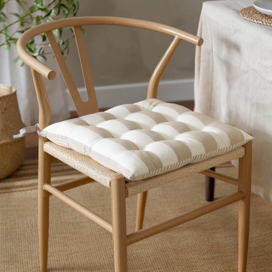 Wooden chair with a striped cotton seat pad cushion in natural colour with tie fastenings | Mellowdays Furniture