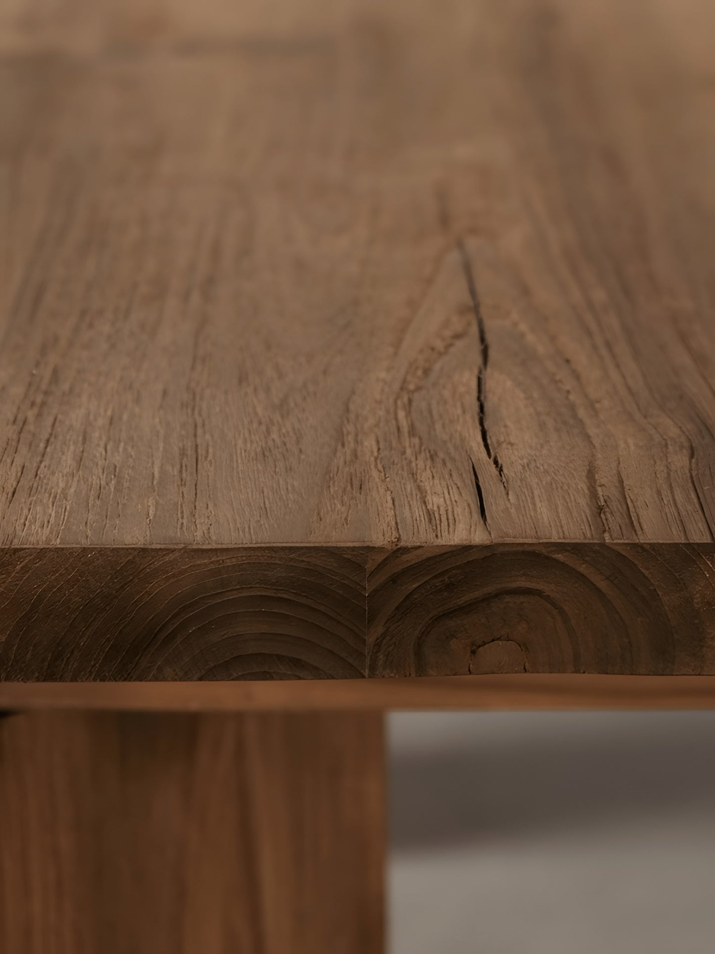 Pescara Reclaimed Teakwood Round Dining Table detail side view by Mellowdays Furniture