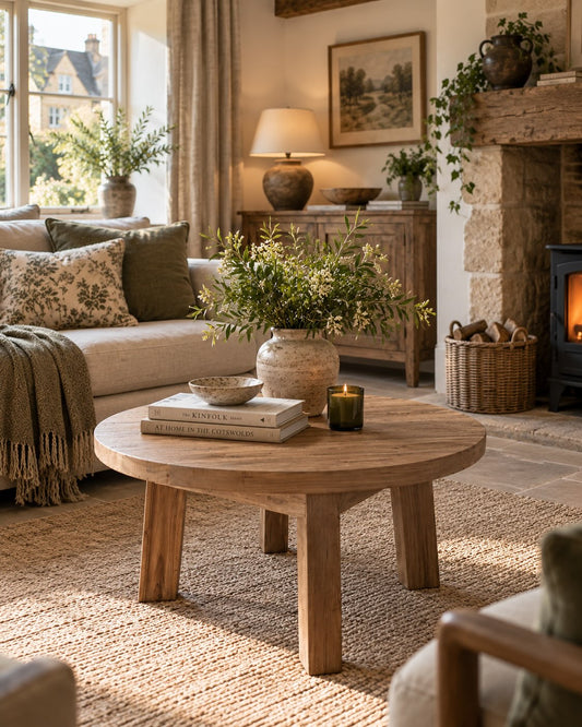 Pescara reclaimed teak coffee table in cosy Cotswold living room | Mellowdays Furniture