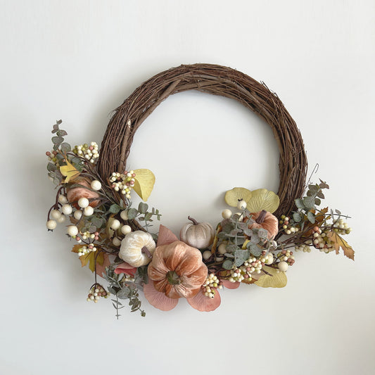 Autumn Half Wreath with Velvet Pumpkins & Foliage, 40cm | Mellowdays Furniture