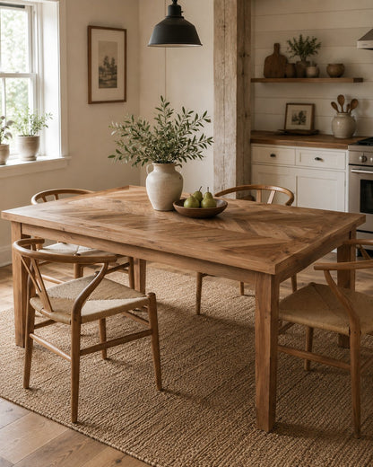 Rect Fishbone reclaimed teak dining table in modern farmhouse dining nook | Mellowdays Furniture