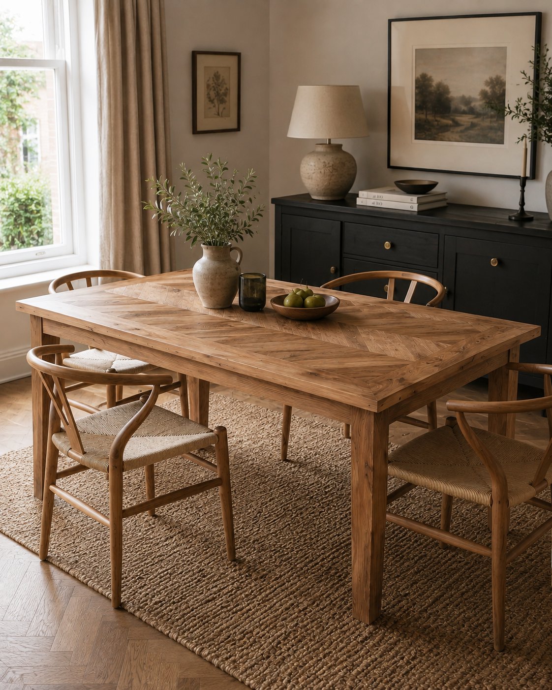 Rect Fishbone reclaimed teak dining table in warm scandinavian dining room | Mellowdays Furniture