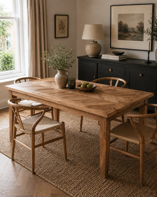 Rect Fishbone reclaimed teak dining table in warm scandinavian dining room | Mellowdays Furniture