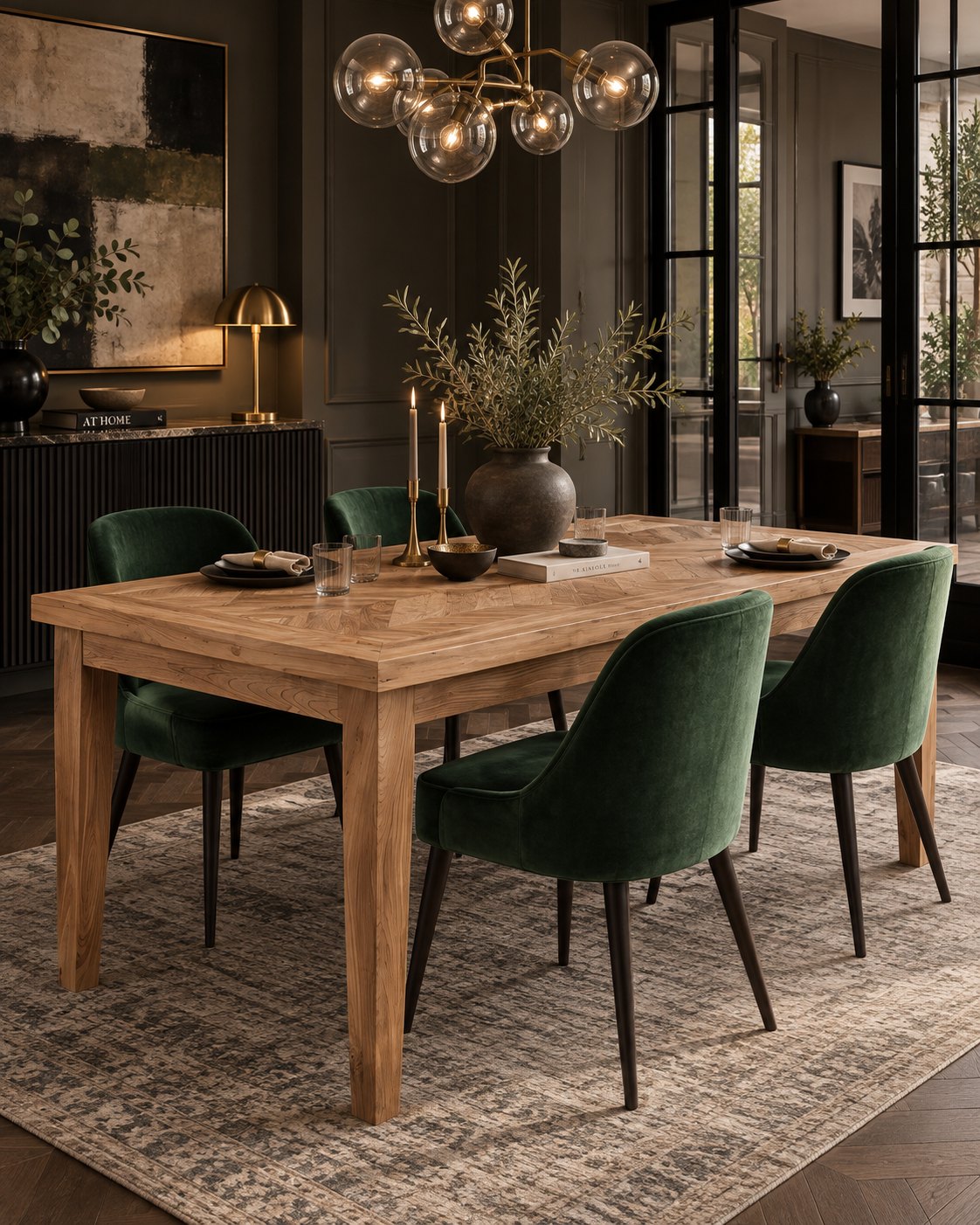 A rustic herringbone wooden dining table set in a modern dining room with four dark green velvet chairs, styled with a chandelier, vase, and candles on a patterned rug.