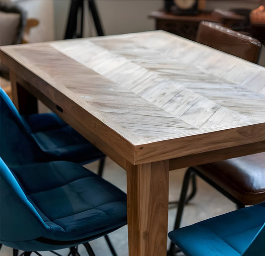 Rect Fishbone Reclaimed Java Wood Rectangular Coffee Table side view in dining room setting by Mellowdays Furniture