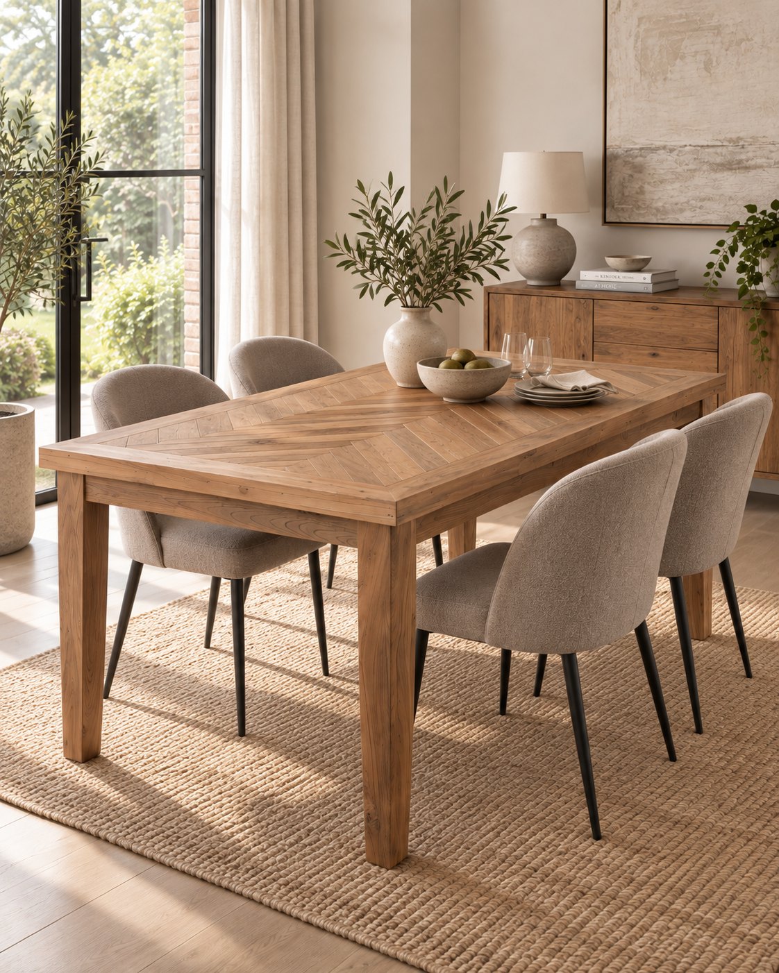 A rectangular wooden dining table with a herringbone pattern top, surrounded by four upholstered dining chairs in a warm, modern dining room setting.