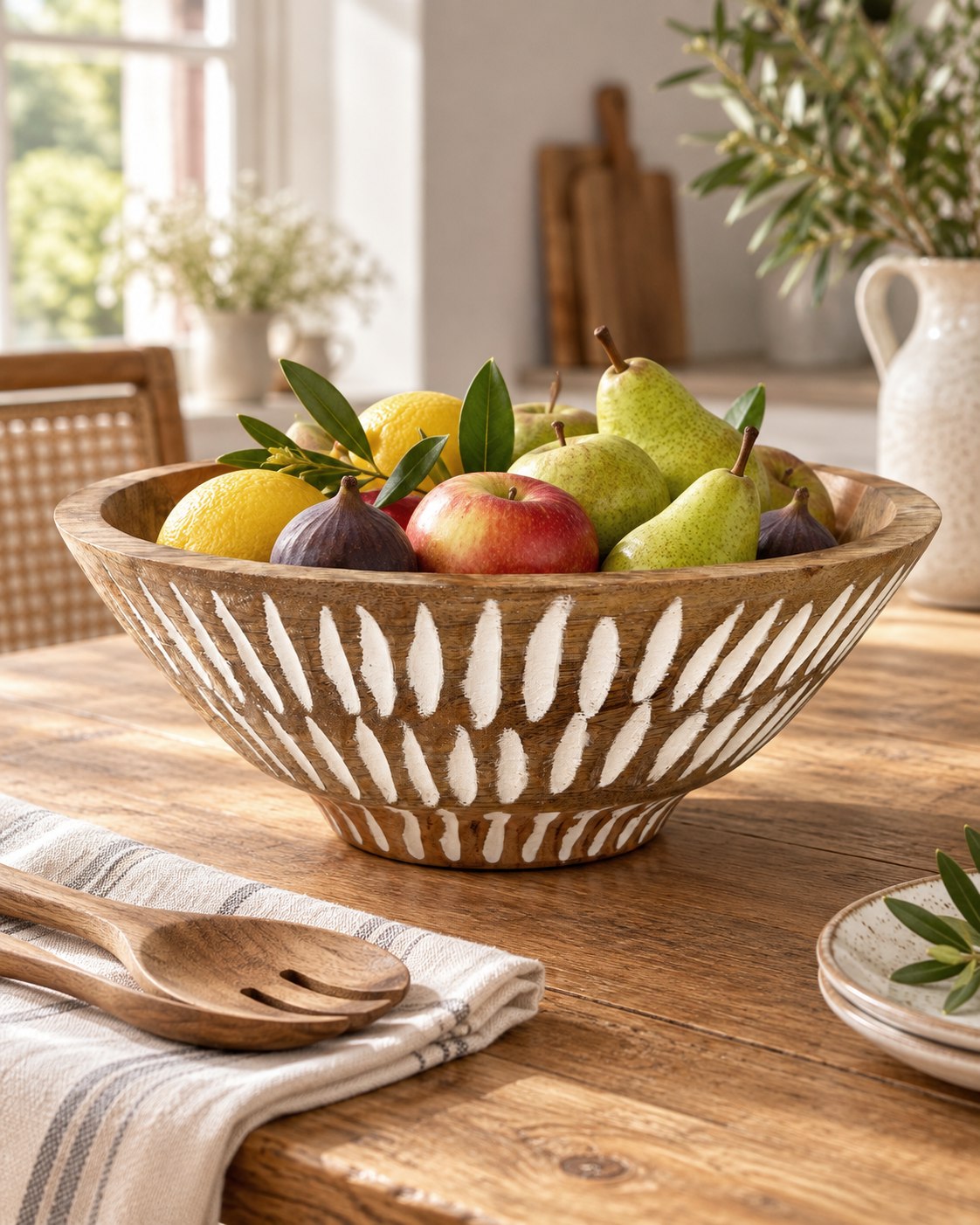 A large round mango wood bowl with a carved geometric pattern sits on a rustic wooden table, filled with fresh fruit including pears, apples, lemons, and figs. A striped napkin with wooden spoons rests in the foreground, and a softly blurred kitchen interior is visible in the background.