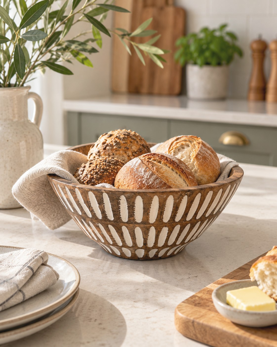 A rustic mango wood bread bowl with a carved geometric pattern, filled with crusty artisanal bread rolls, set on a light marble countertop in a bright kitchen.