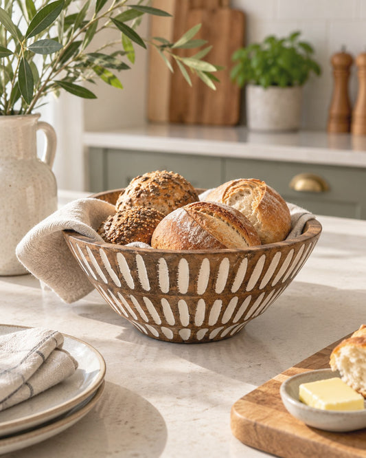 A rustic mango wood bread bowl with a carved geometric pattern, filled with crusty artisanal bread rolls, set on a light marble countertop in a bright kitchen.