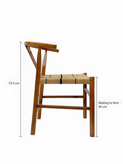 Sagres Teakwood Rattan Loom Seat Dining Chair side view with measurement\ by Mellowdays Furniture