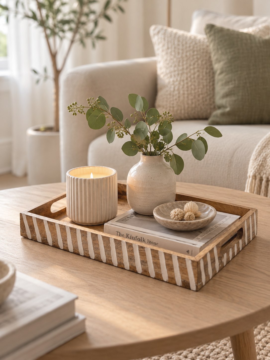 A rectangular mango wood serving tray with white striped handles and base, styled on a light wood table in a cosy living room setting. The tray holds a lit ribbed candle, a small ceramic vase with eucalyptus stems, a book, and a small dish of decorative stones.