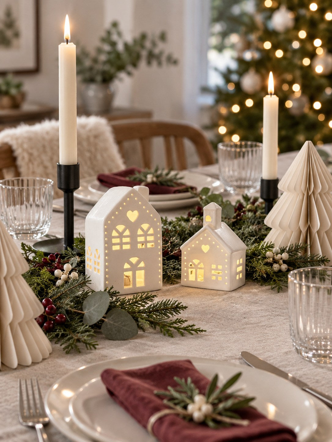 A cosy holiday table setting with two white house-shaped LED light-up ornaments glowing with warm light, surrounded by green garlands, white taper candles, and place settings, with a softly blurred Christmas tree in the background.