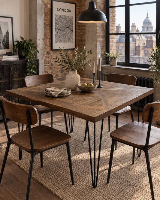 Segovia reclaimed teak table in warm London loft dining nook | Mellowdays Furniture