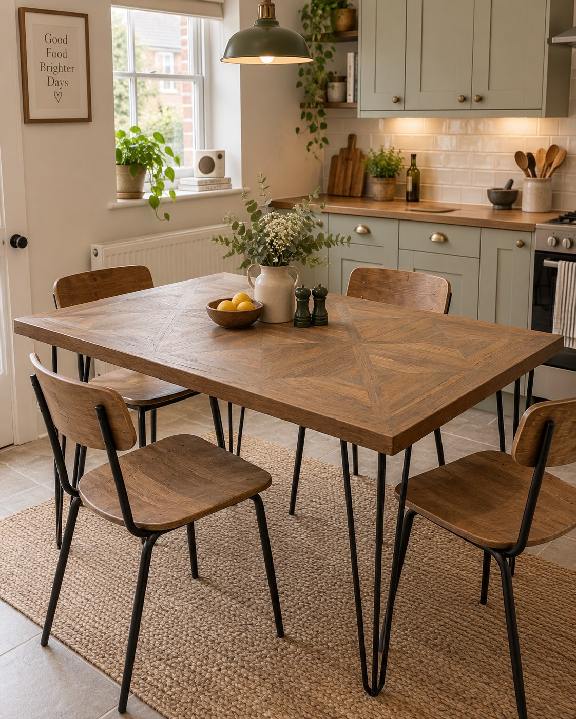 Segovia reclaimed teak table with hairpin legs in cosy kitchen | Mellowdays Furniture