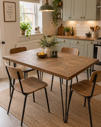 Segovia reclaimed teak table with hairpin legs in cosy kitchen | Mellowdays Furniture