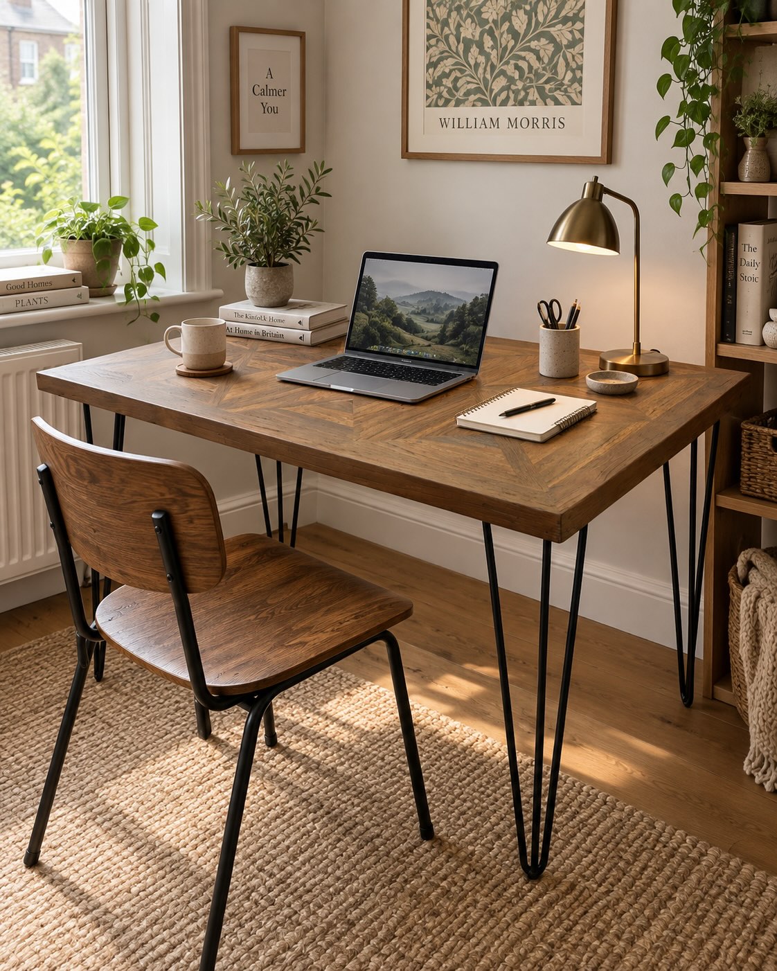 Segovia reclaimed teak table with hairpin legs in cosy scandinavian home office corner | Mellowdays Furniture