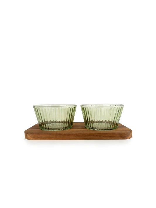 Green Ribbed Glass Dip Bowl Set with Mango Wood Tray – Set of 2 | Mellowdays Furniture