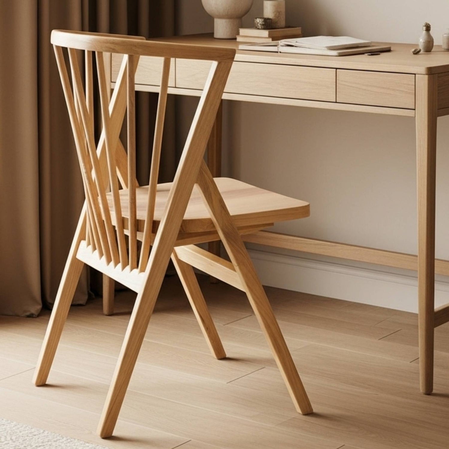 Spindle-back chair in front of dressing table