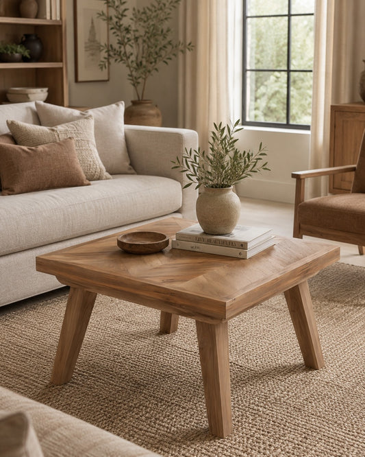 Square fishbone coffee table in warm rustic living room | Mellowdays Furniture