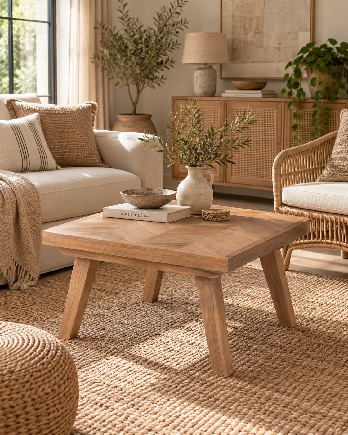 Square fishbone reclaimed teak coffee table in sunlit boho living room | Mellowdays Furniture