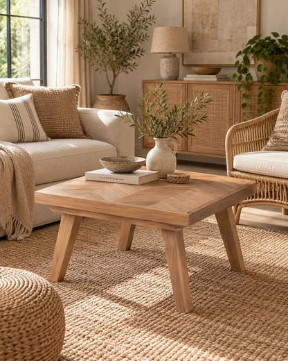 Square fishbone reclaimed teak coffee table in sunlit boho living room | Mellowdays Furniture