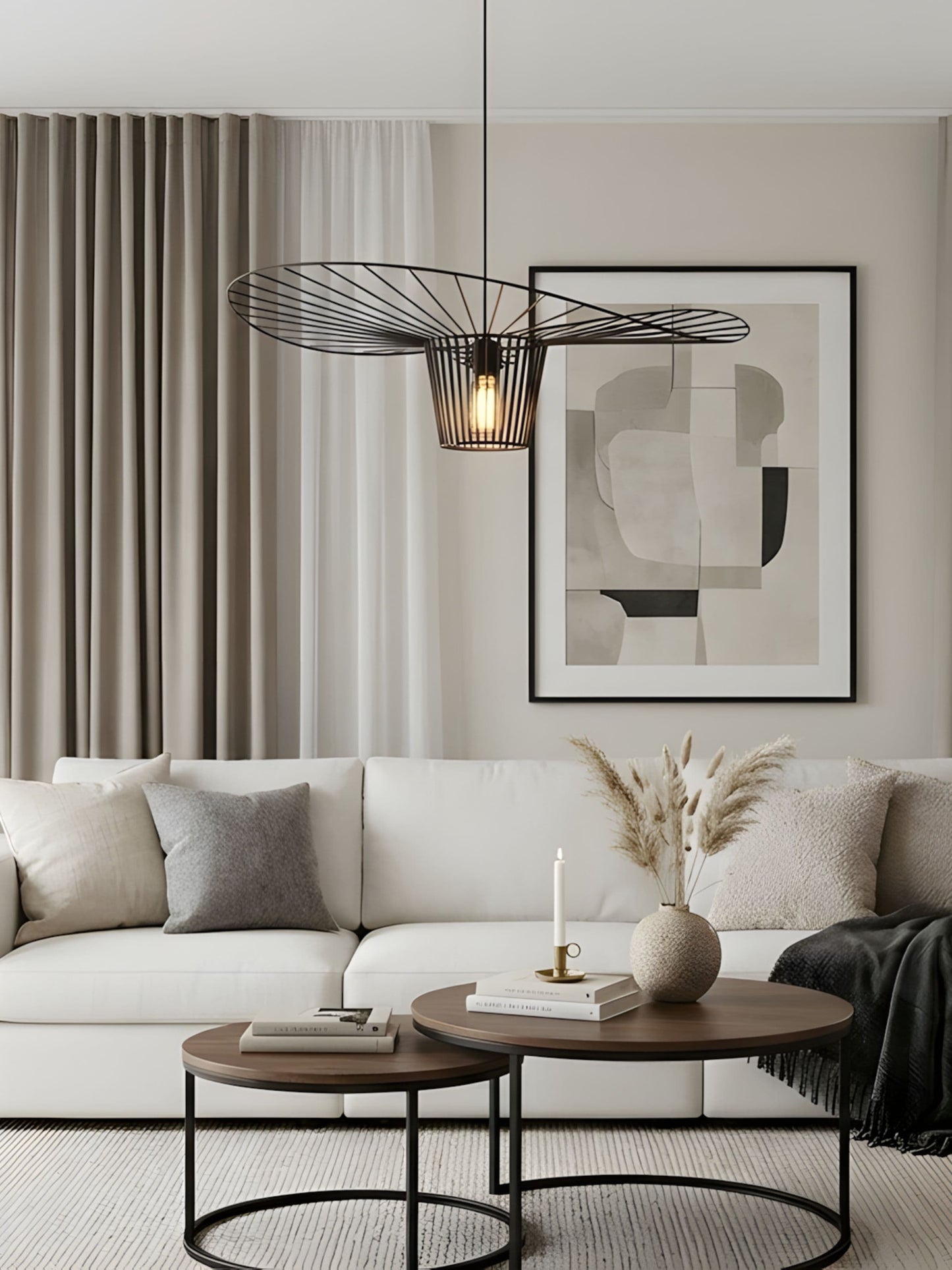 Modern Living room with straw hat style black metal pendant light shade | Mellowdays Furniture