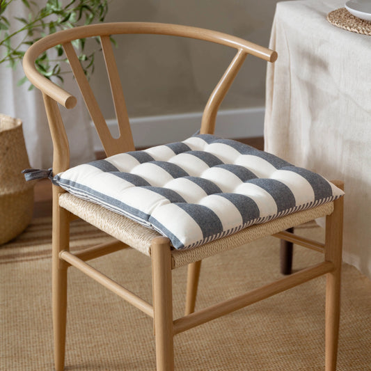 Wooden chair with a striped cotton seat pad cushion in navy with tie fastenings | Mellowdays Furniture
