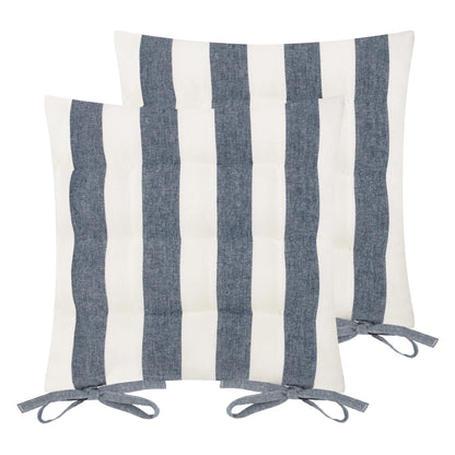 Set of 2 striped cotton seat pad cushion in navy with tie fastenings | Mellowdays Furniture