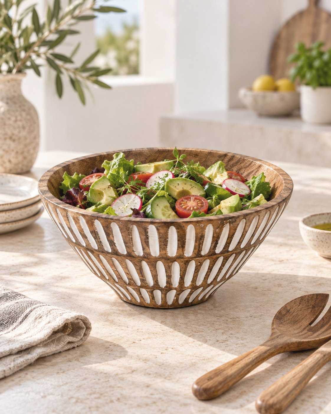 A medium round mango wood salad bowl with a carved geometric pattern, filled with a fresh salad, set on a light stone countertop in a bright kitchen.