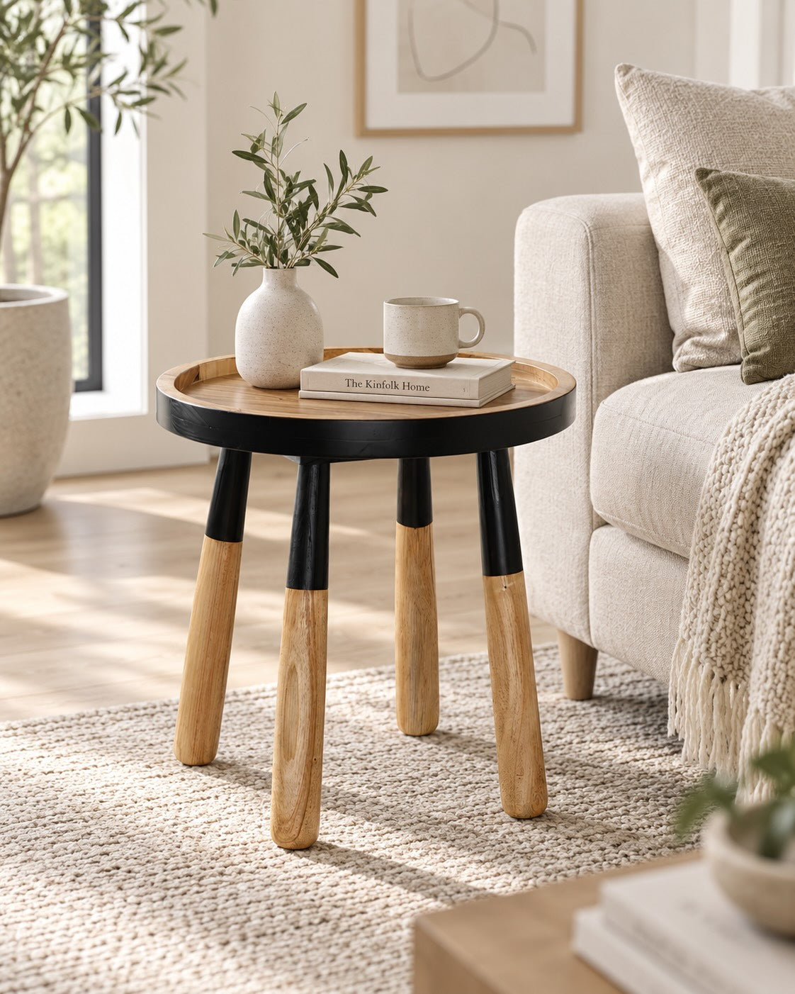 Tomasa teakwood round tray top side table in Scandinavian living room | Mellowdays Furniture