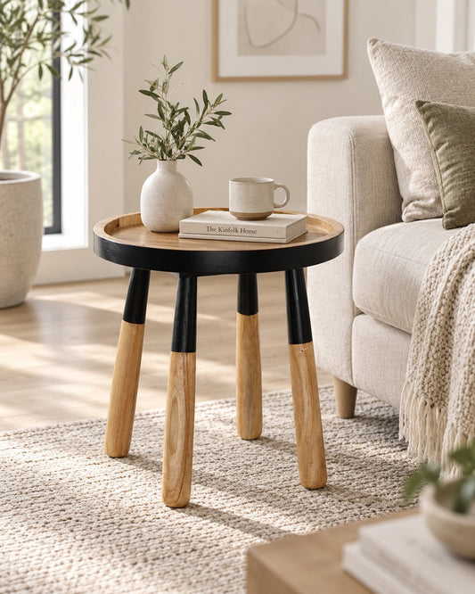Tomasa teakwood round tray top side table in Scandinavian living room | Mellowdays Furniture