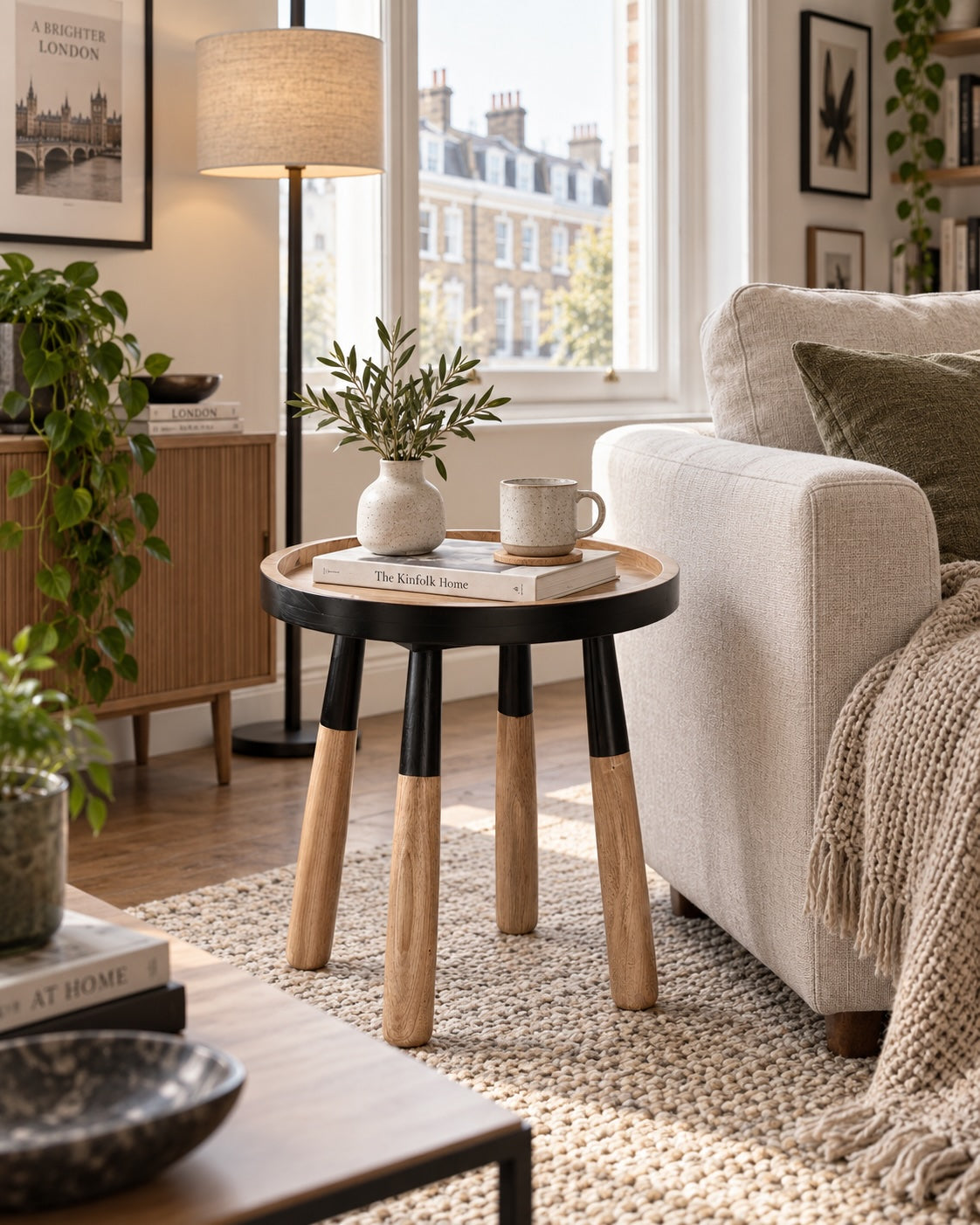 Tomasa teakwood round tray top side table in cosy Scandinavian London living room | Mellowdays Furniture