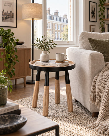 Tomasa teakwood round tray top side table in cosy Scandinavian London living room | Mellowdays Furniture