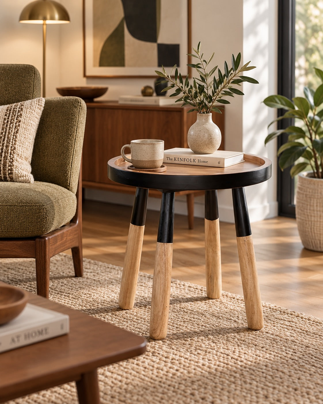 Tomasa teakwood round tray top side table in mid-century living room | Mellowdays Furniture