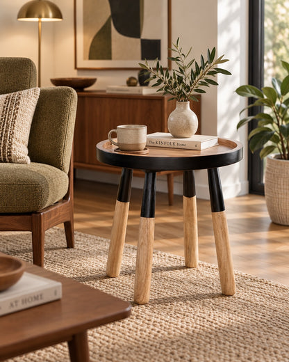 Tomasa teakwood round tray top side table in mid-century living room | Mellowdays Furniture
