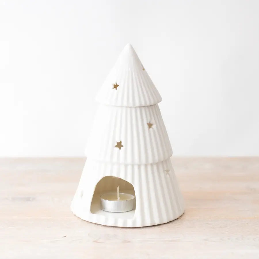 White Ceramic Christmas Tree Oil Burner with Star Cut-Outs | Mellowdays Furniture