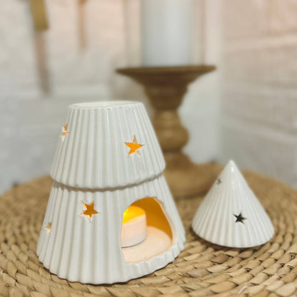 White Ceramic Christmas Tree Oil Burner with Star Cut-Outs | Mellowdays Furniture