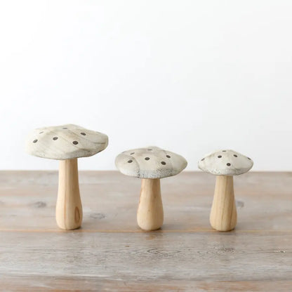 Whitewashed Wooden Mushroom Ornaments with Gold Spots | Mellowdays Furniture