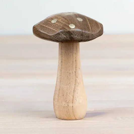 Dark Brown Wooden Mushroom Ornament with gold spots, 12cm Slim Cap | Mellowdays Furniture